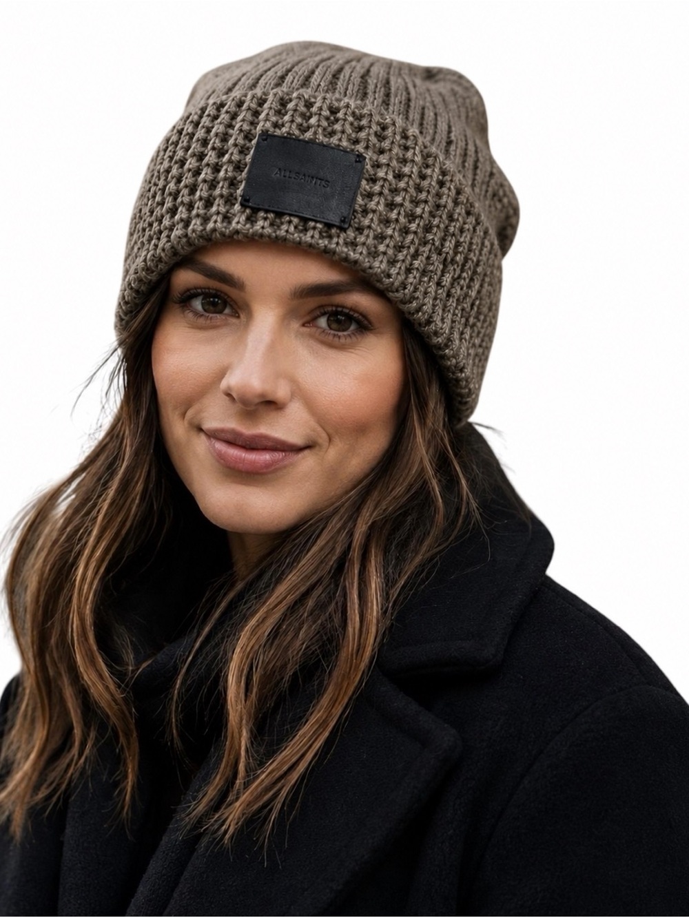 AllSaints New Stitch Beanie Gull Brown Marl Wool Blend Unisex One Size NWT
